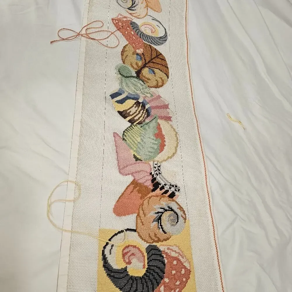 Vintage Project WIP Needlepoint Shell Wall Hanging Coastal Banner Table Runner